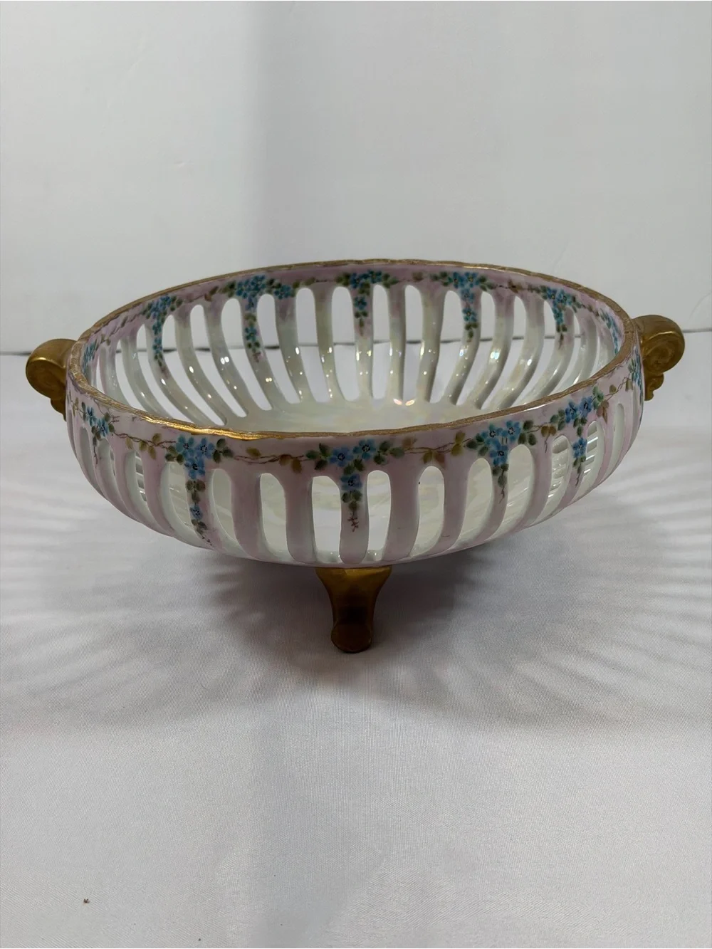 Vintage Reticulated Lattice Footed Fruit Bowl, Dresden-Style, Luster Glaze